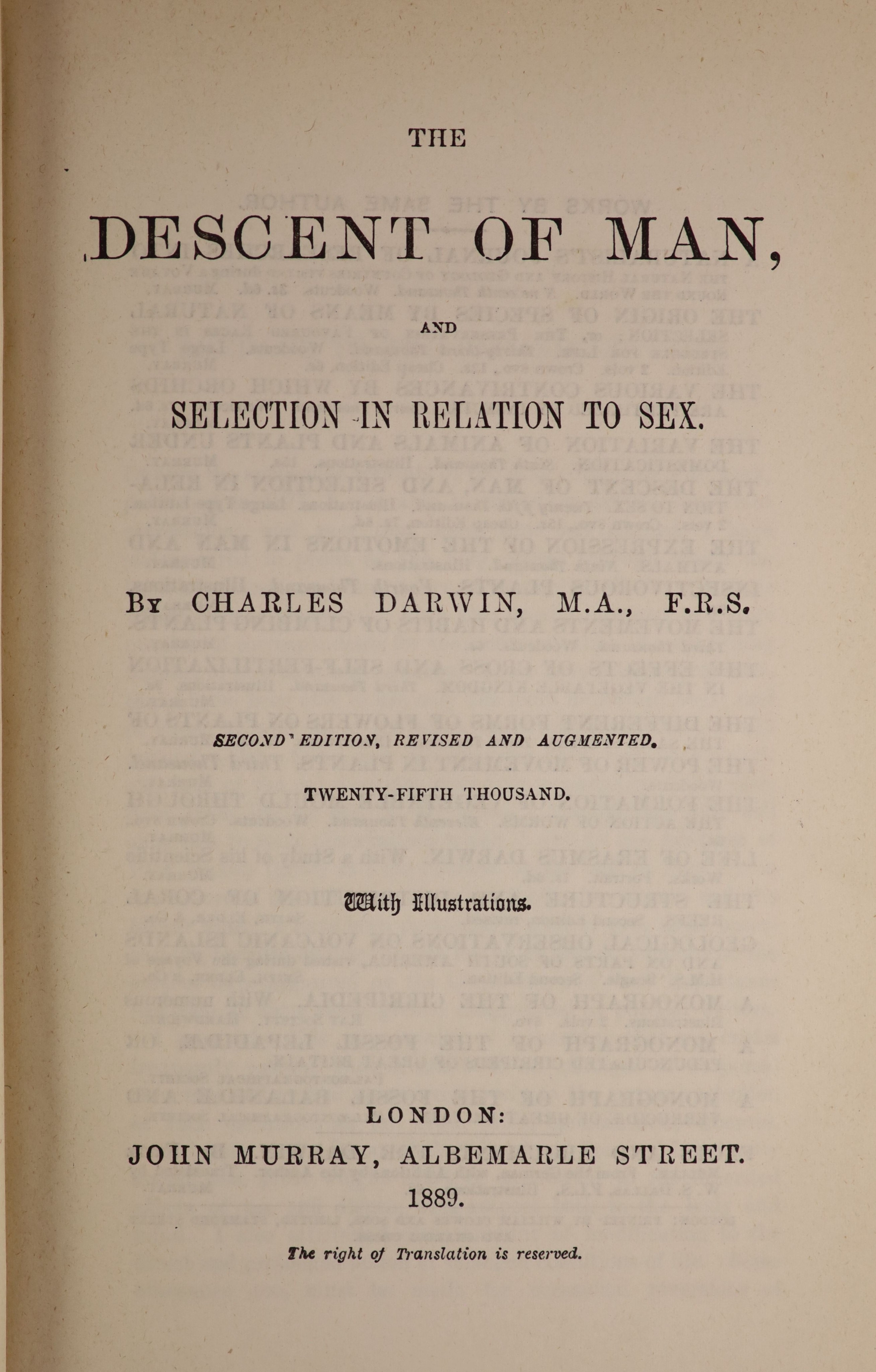 Darwin, Charles - 6 works - The Origin of Species, 6th edition, with folding table, 1886; The Various Contrivances by which Orchids are Fertilised by Insects, 2nd edition, 1888; The Formation of Vegetable Mould through t
